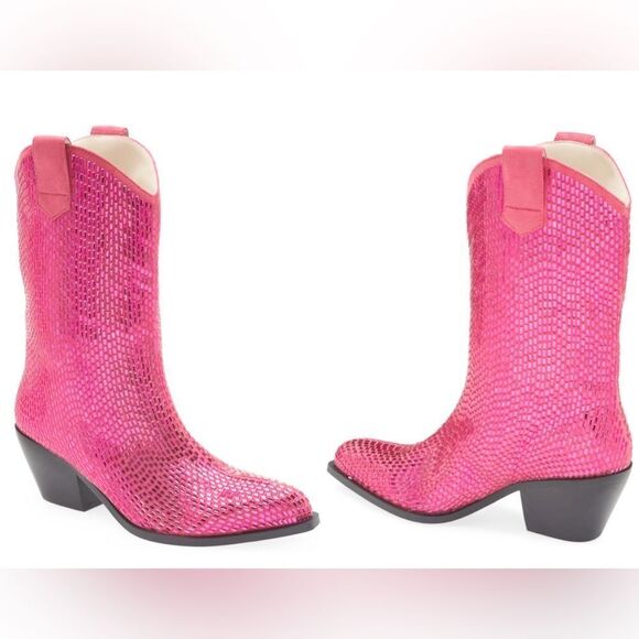 NEW Azalea Wang Fuchsia Embellished Sequins Wellington Cowboy Western Boot 6